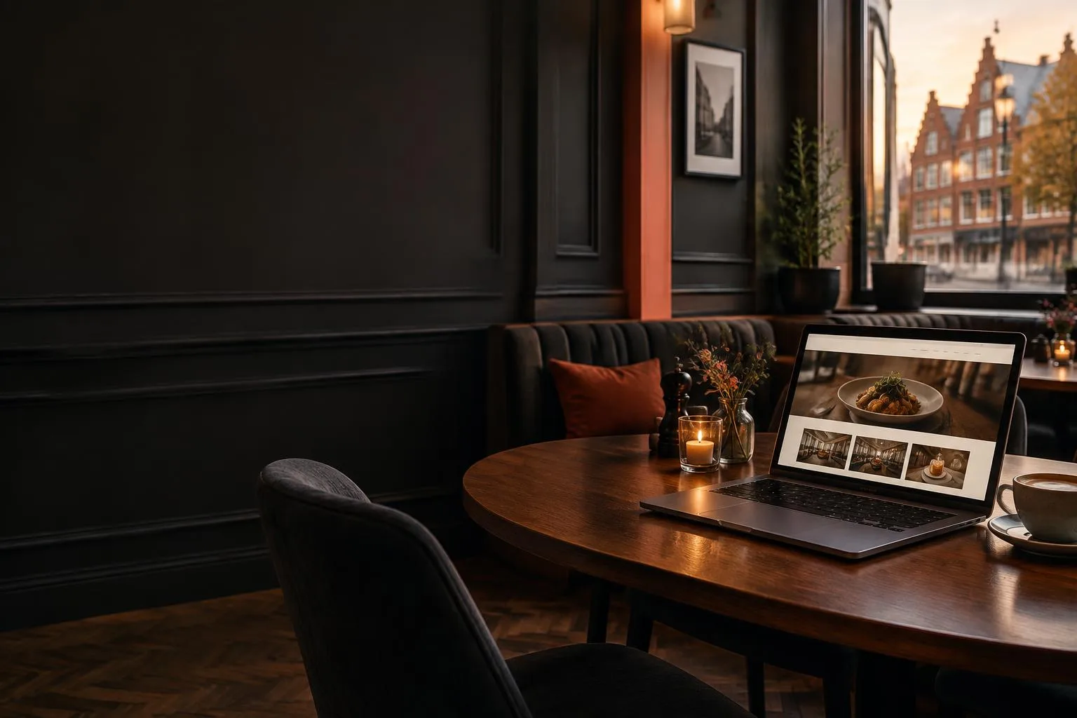 Laptop op een tafel in een sfeervol café